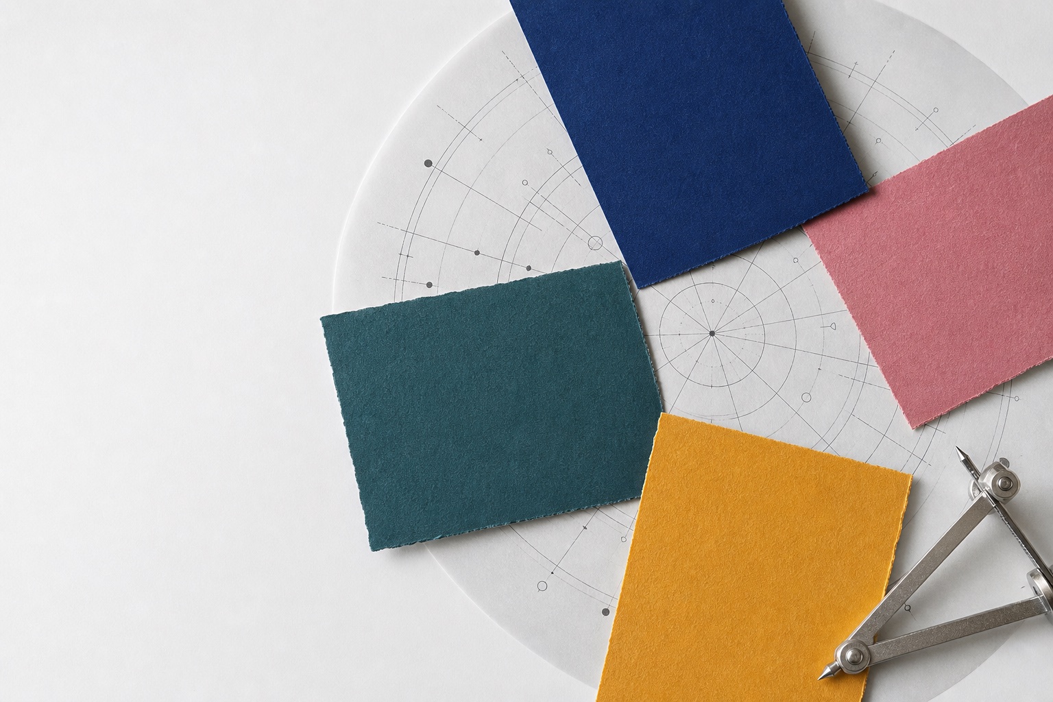 Four tactile color papers arranged over an abstract astrological chart